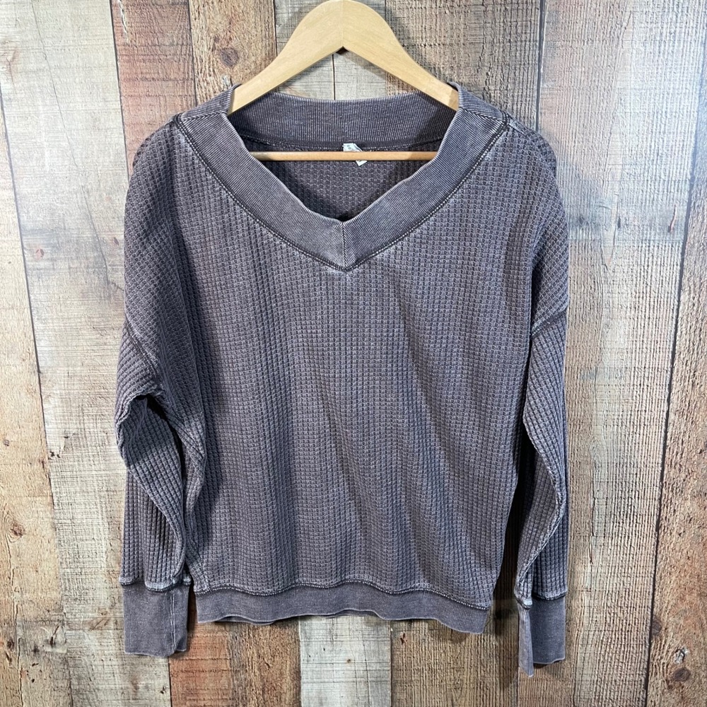 Z Supply Oversized Waffle Thermal V-Neck Pullover Brown Dolman Top Small